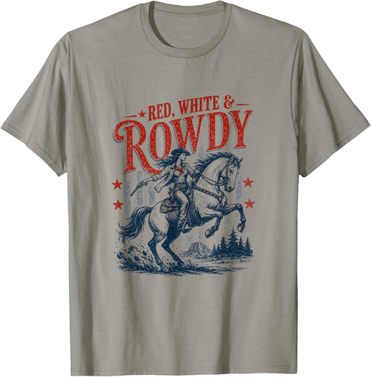 Retro Funny Red White and Rowdy Patriotic Cowgirl Rodeo T-Shirt - T-Shirt | Sand