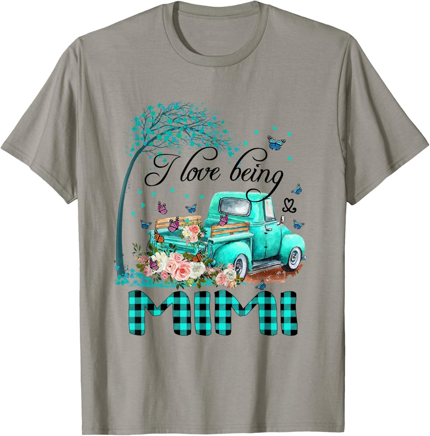 I Love Being Mimi Truck Flower Green Plaid Mimi Gift T-Shirt - T-Shirt | Sand