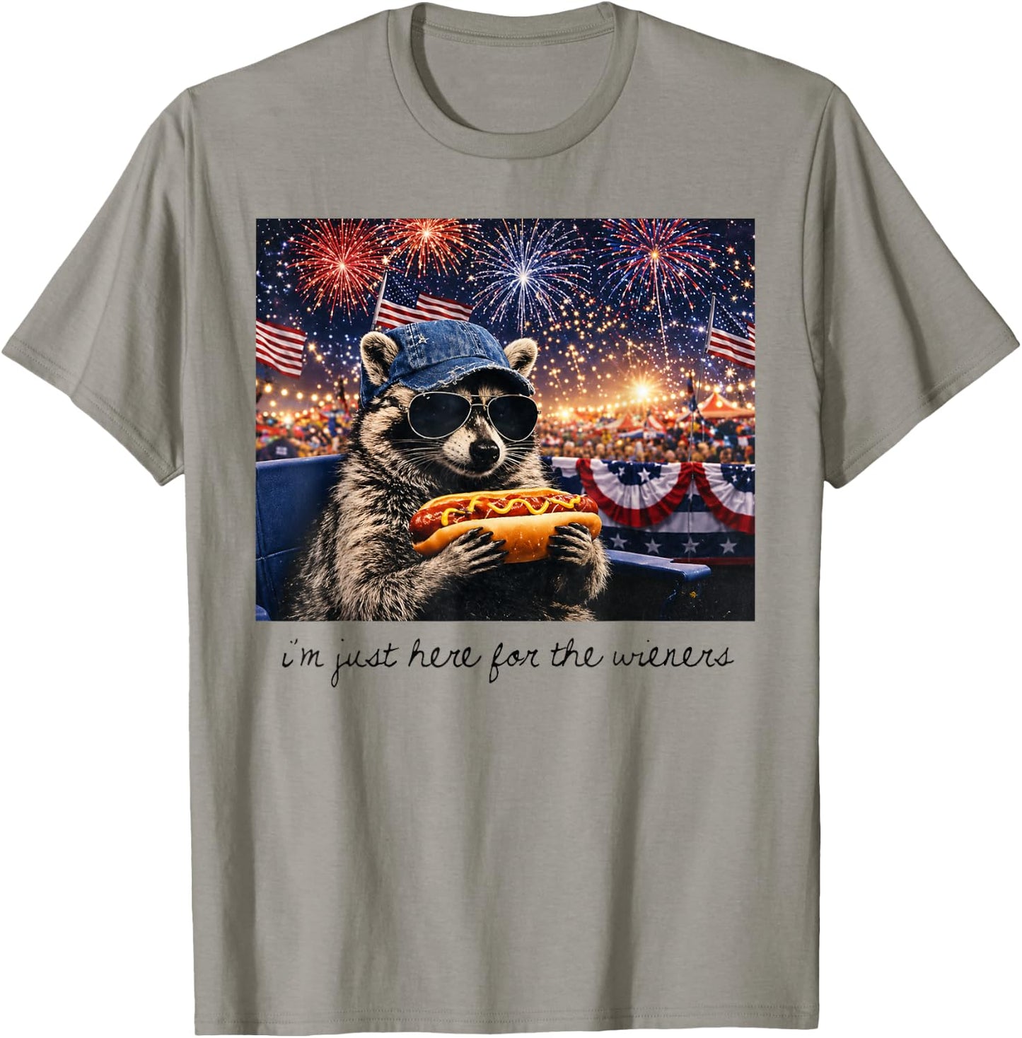 I'm Just Here for The Wieners Funny Raccoon Hot Dog Art T-Shirt - T-Shirt | Sand