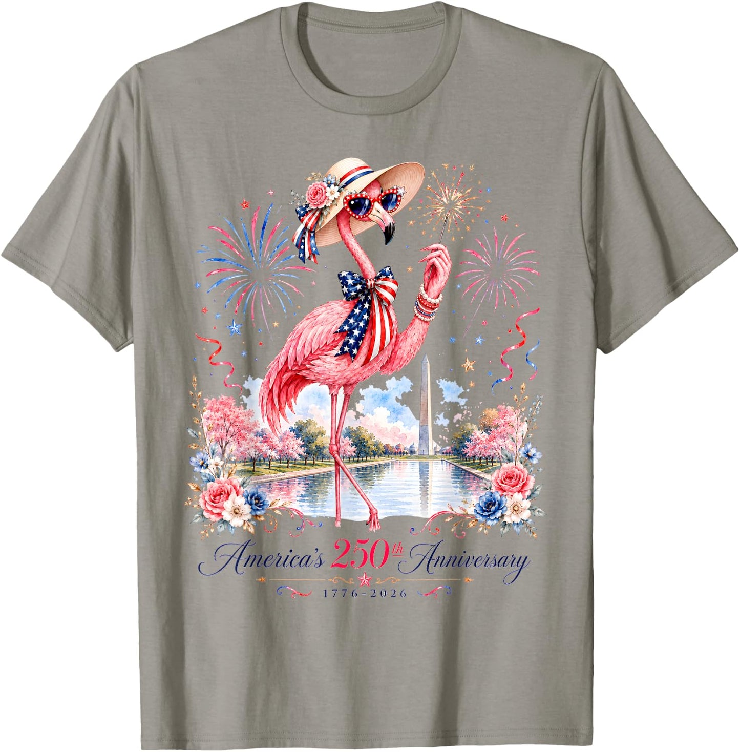 Patriotic Pink Flamingo Reflecting Pool 250 Years T-Shirt - T-Shirt | Sand