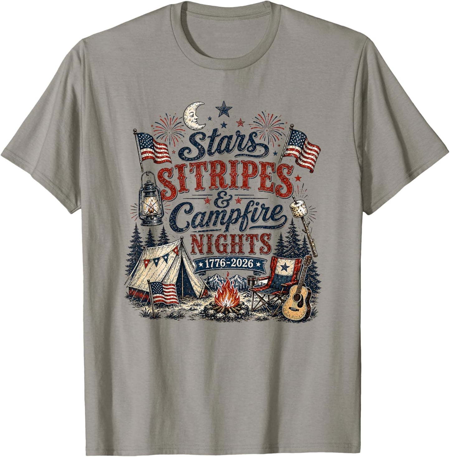 Stars Stripes and Campfires Funny Patriotic Camping Day T-Shirt - T-Shirt | Sand