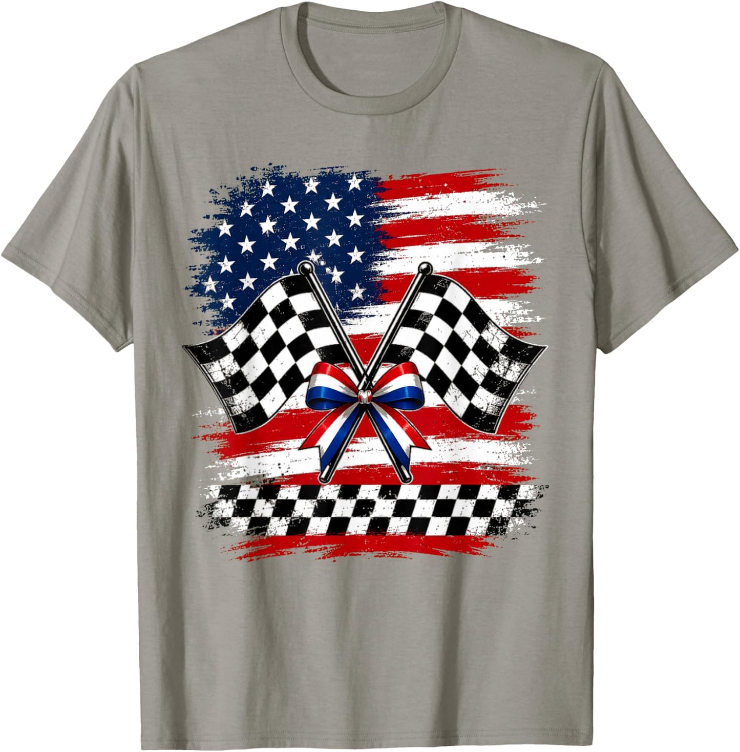 4th of July USA Patriotic Racing Flags Checkered Race Day T-Shirt - T-Shirt | Sand