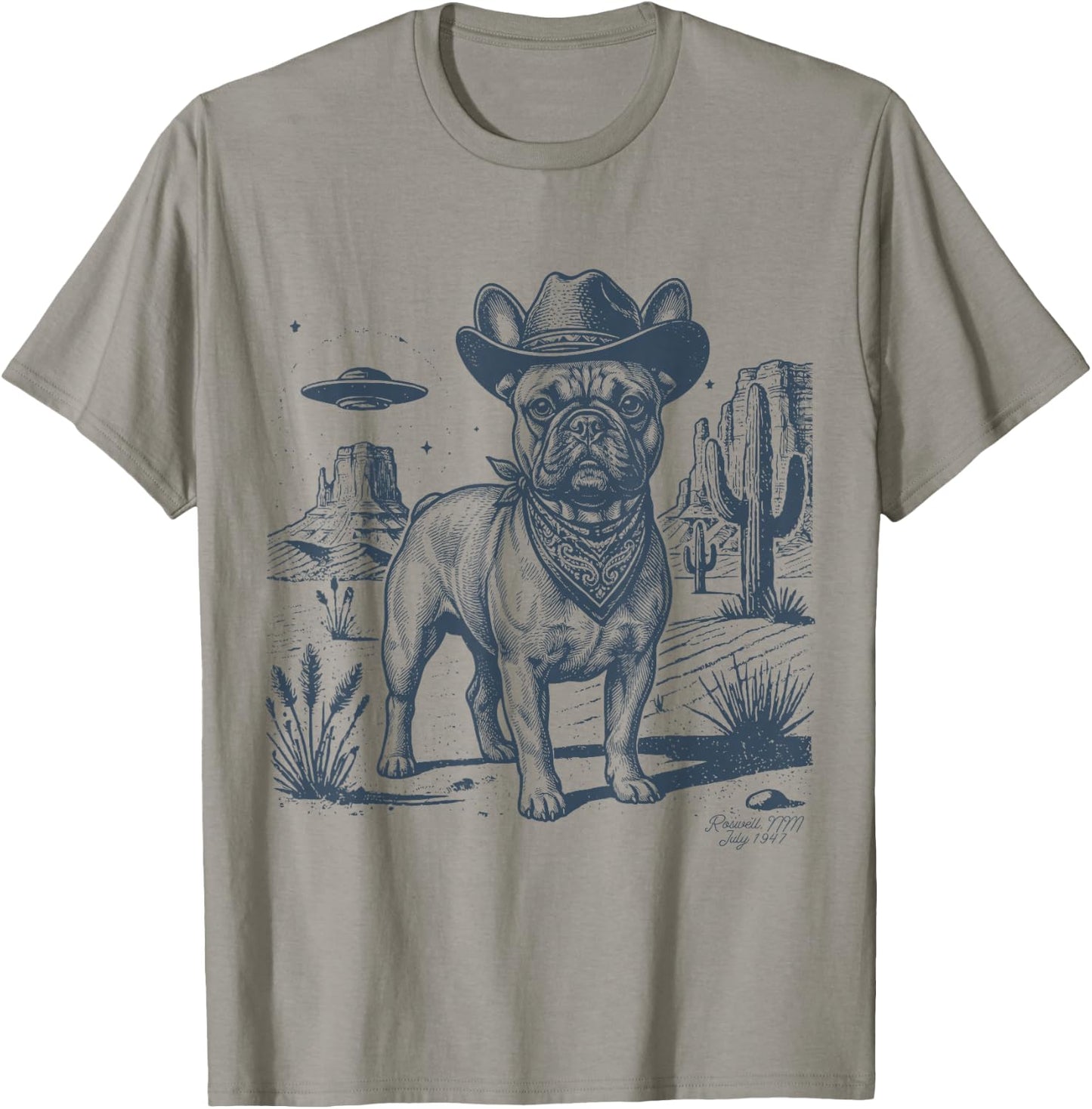 Vintage Alien UFO Western Cowboy French Bulldog Dog Desert T-Shirt - T-Shirt | Sand