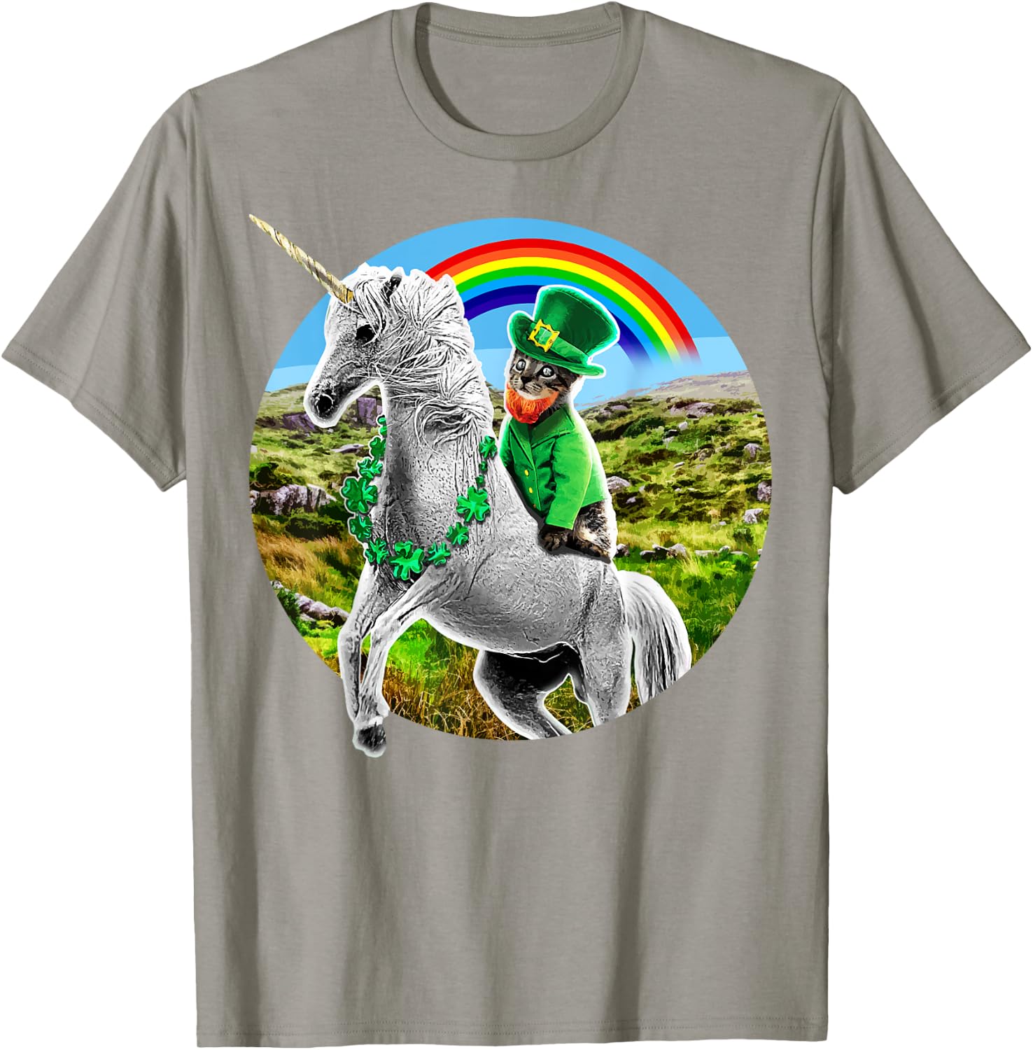 St. Patricks Day Unicorn Rainbow Leprechaun Cat Shirt Gift T-Shirt - T-Shirt | Sand