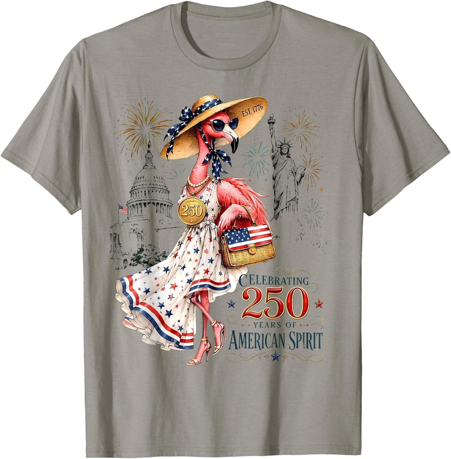 Patriotic Flamingo 250 Years American Spirit T-Shirt - T-Shirt | Sand