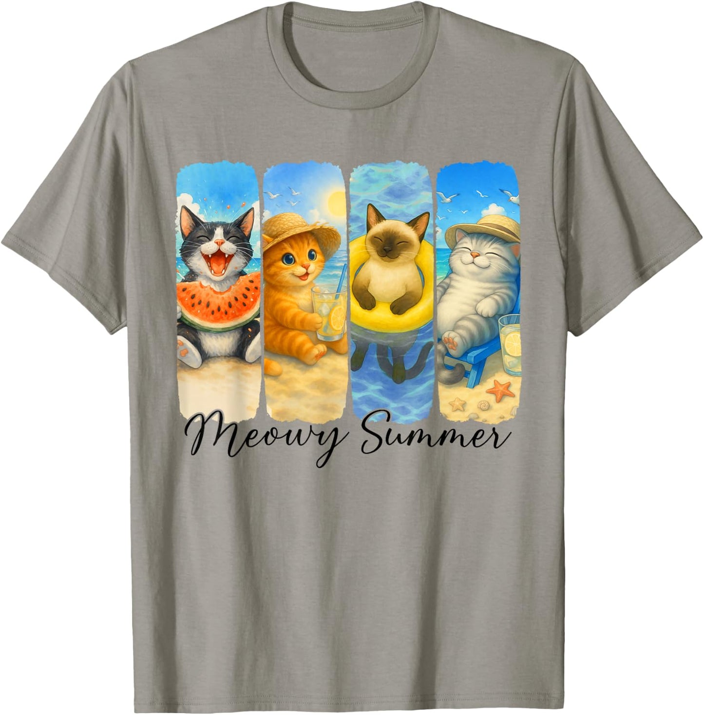 Summer Cat Meowy Summer Beach Vacation Cat Mom Dad T-Shirt - T-Shirt | Sand