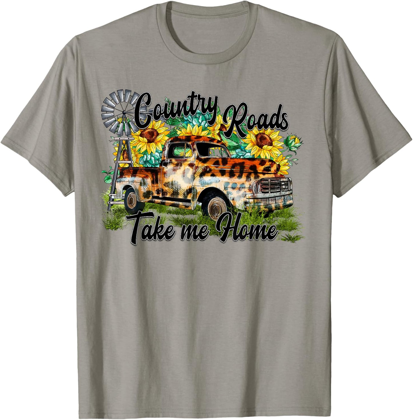 Country Roads Leopard Truck Sunflower Windmill Western T-Shirt - T-Shirt | Sand