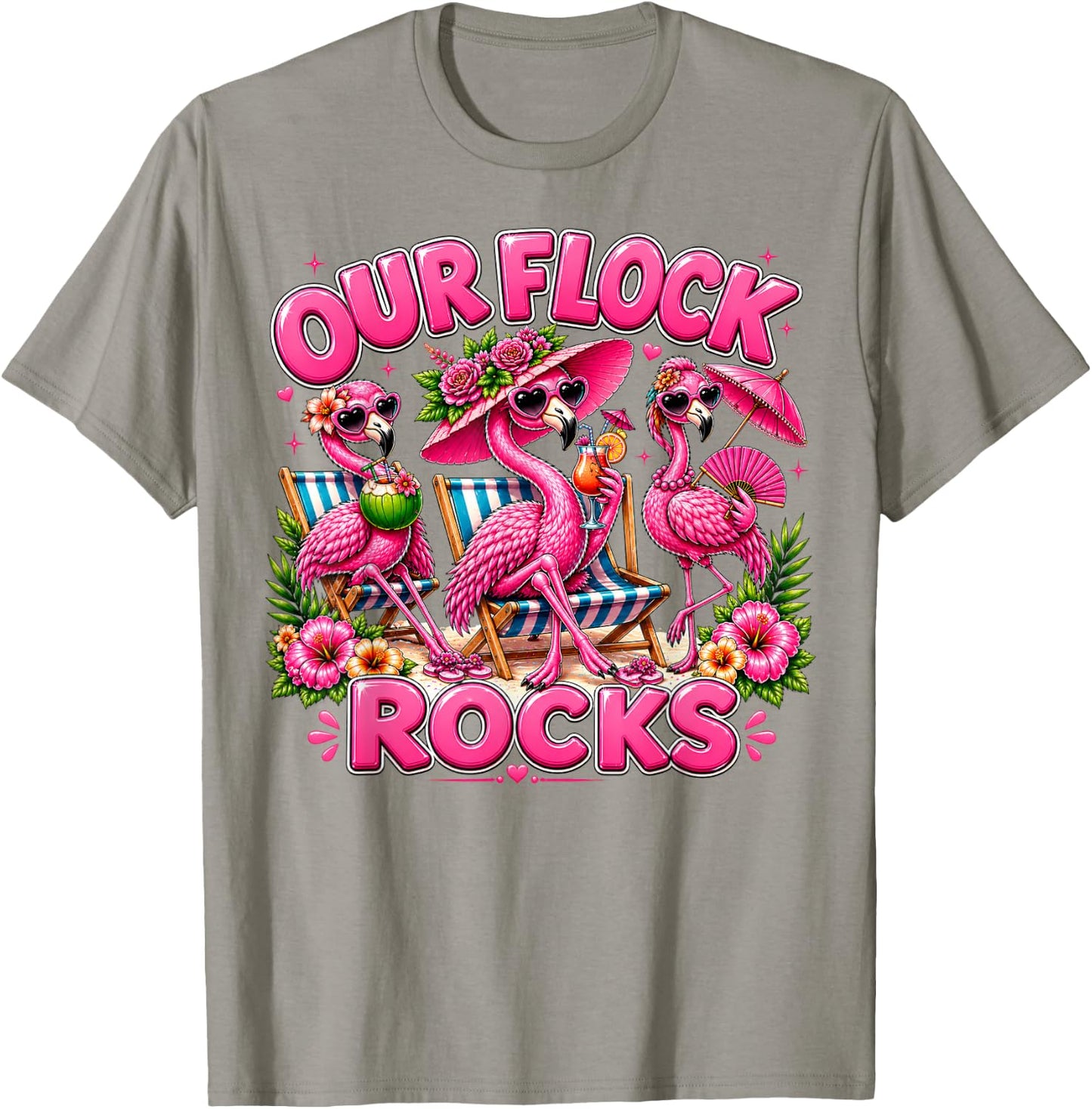 Our Flock Rocks Flamingo Summer Vacation Family Matching T-Shirt - T-Shirt | Sand