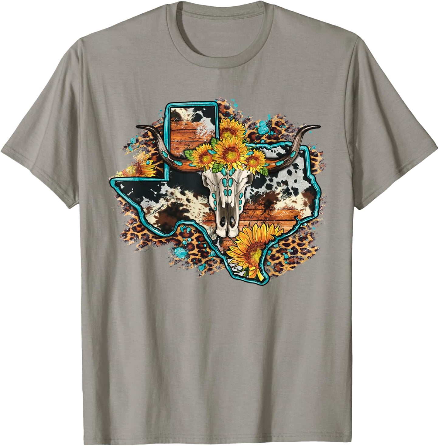Bull Skull Leopard Cowhide Sunflower Texas Map Western T-Shirt - T-Shirt | Sand