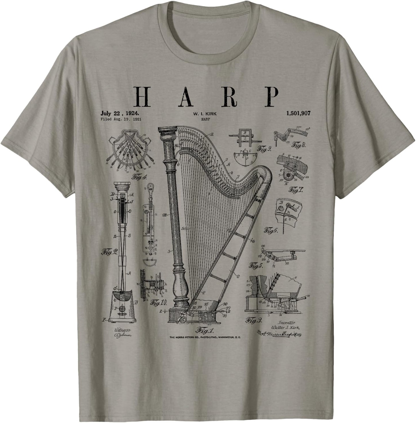 Harp Vintage Patent Harpist Drawing Print T-Shirt - T-Shirt | Sand