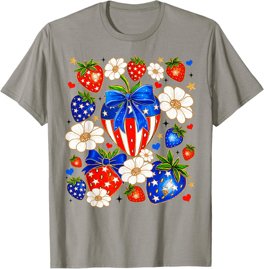 Cute Strawberries Bow USA Flag Independence Day 4th Of July T-Shirt - T-Shirt | Sand