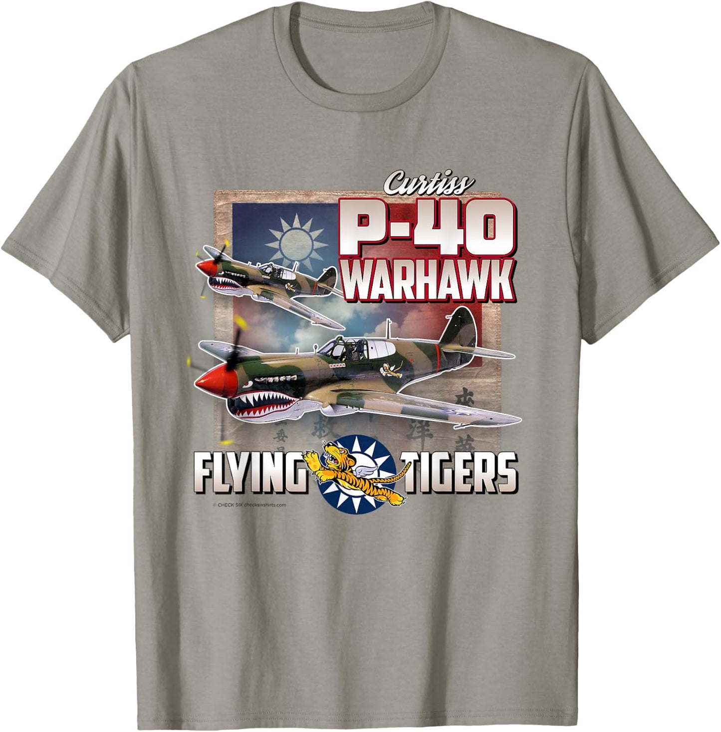 Check Six Military Aviation Store: P-40 Warhawk Flying Tigers - Men's Grey Classic Fit Short Sleeve T-Shirt - T-Shirt | Sand