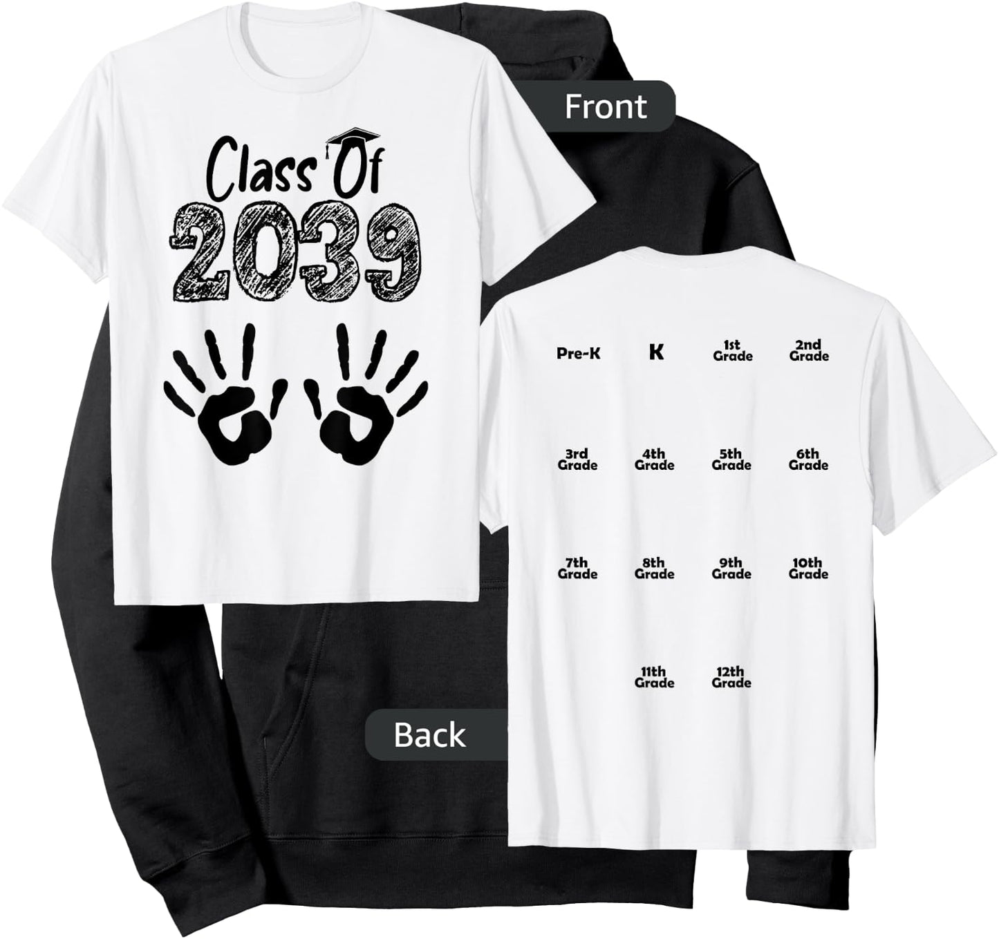 Class of 2039 Grow With Me Shirt Handprint On Back Pre-K Hoodie - Hoodie | Black