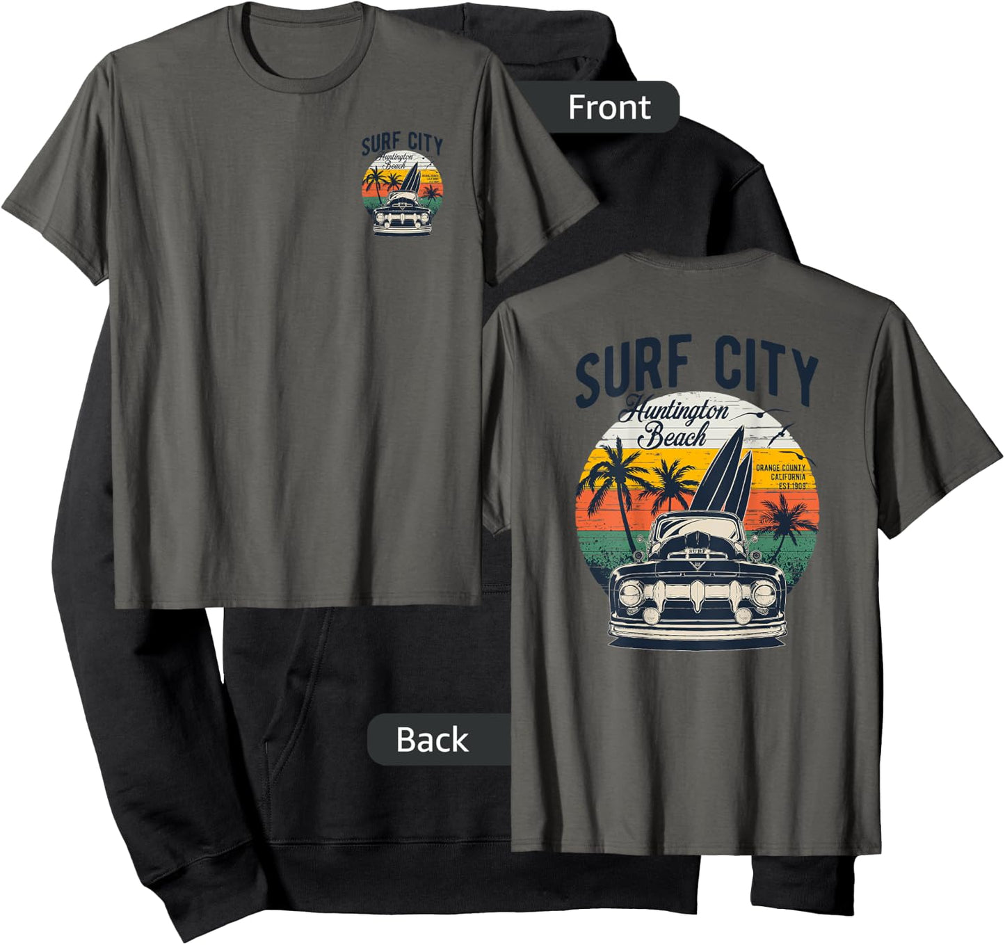 2-Sided Surf City Huntington Beach Retro Sunset '50s Truck Hoodie - Hoodie | Black