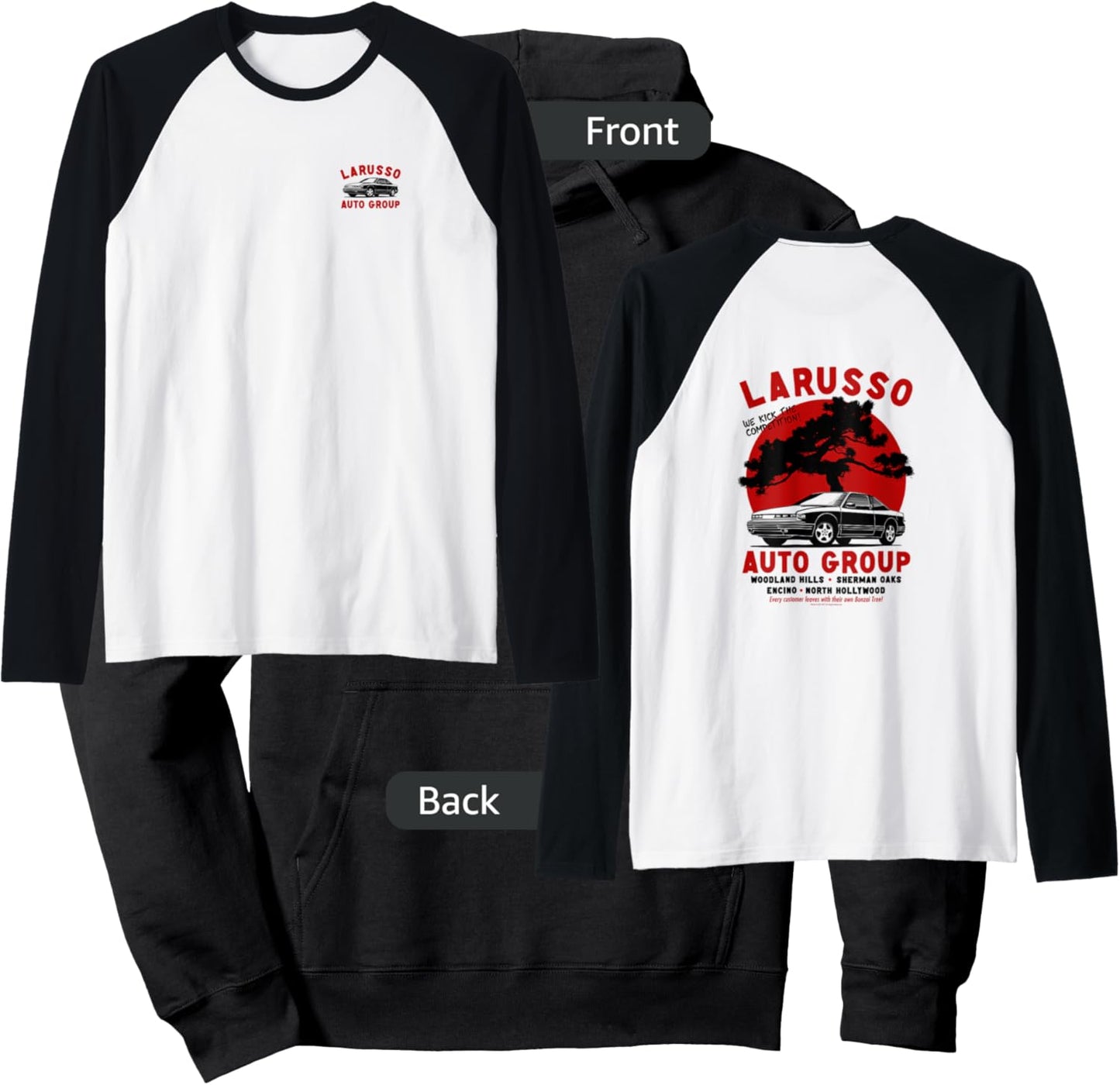 Cobra Kai Retro LaRusso Auto Group Ad Front and Back Raglan Baseball Hoodie - Hoodie | Black