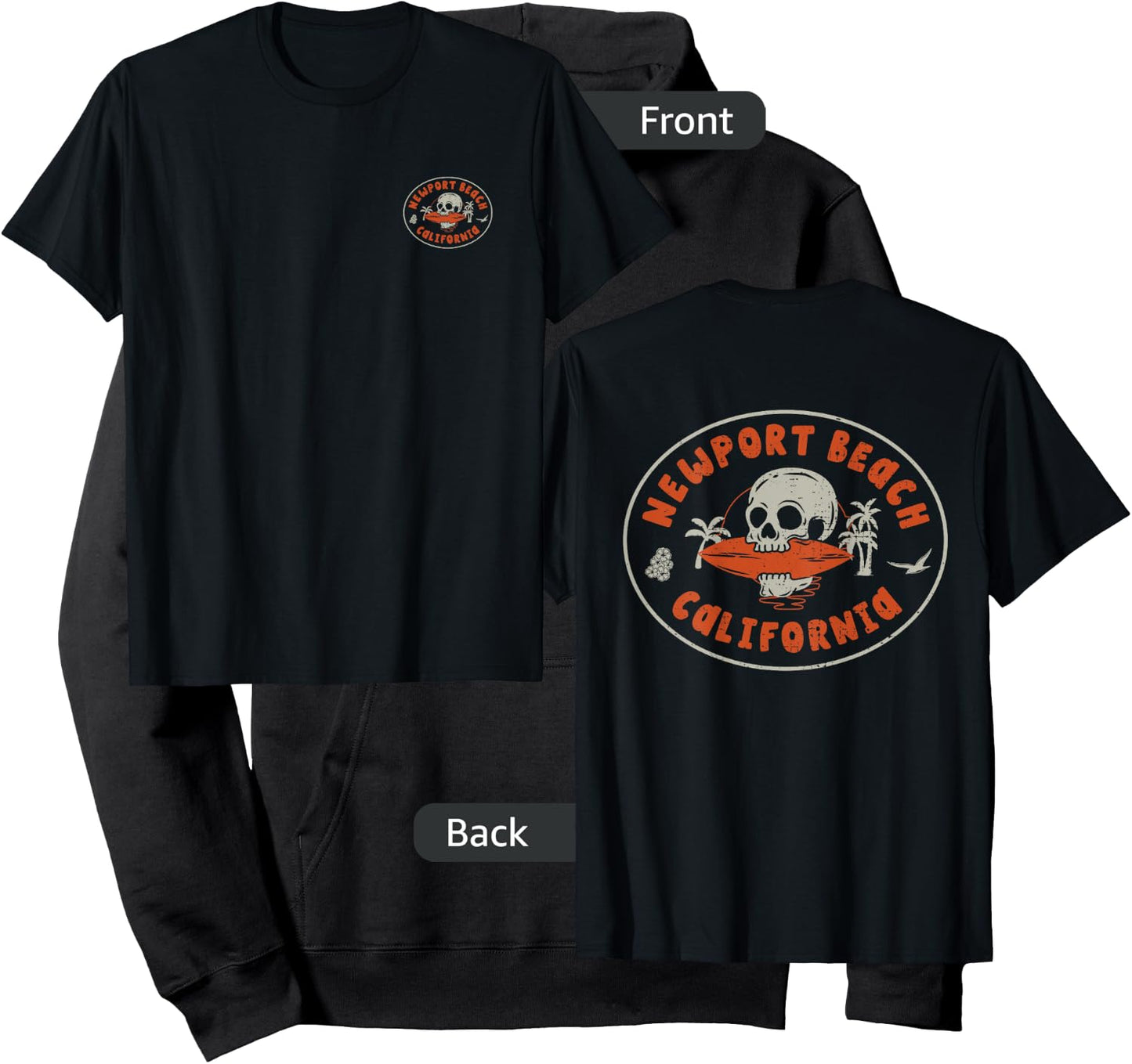 Newport Beach California CA Retro Surfer Beach Front & Back Hoodie - Hoodie | Black