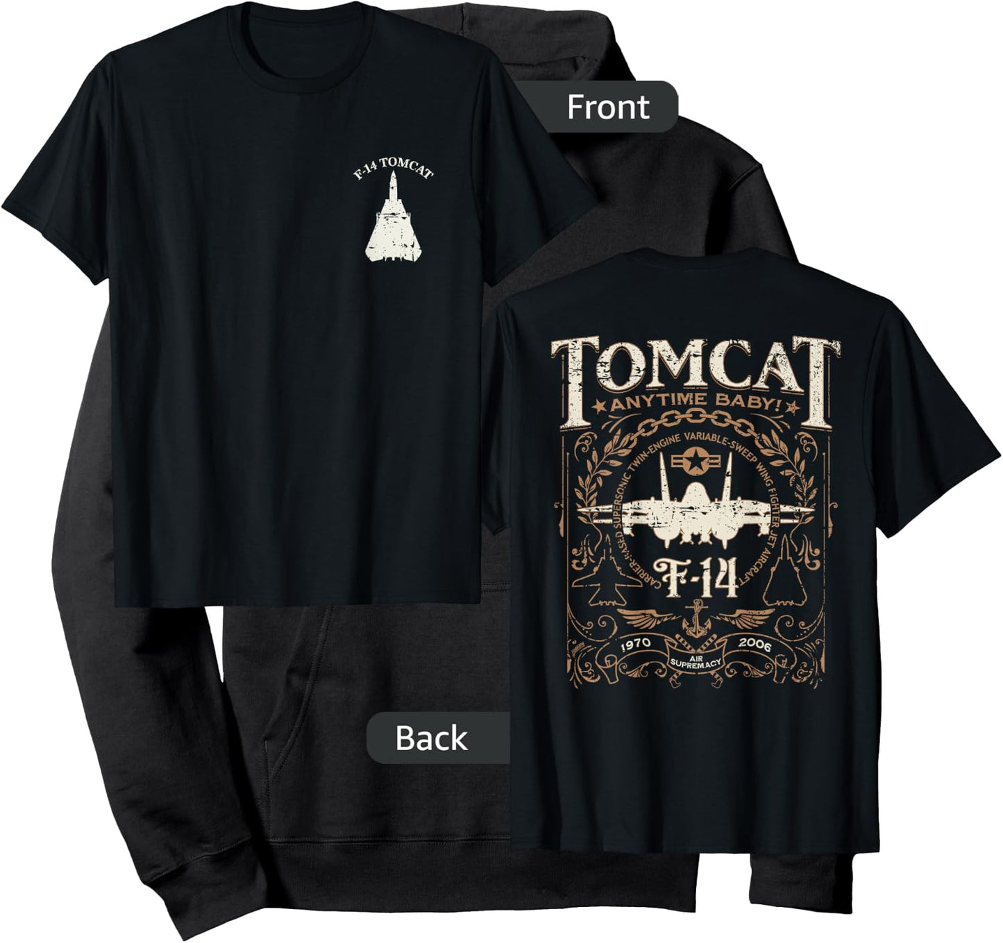 Distressed F-14 Tomcat Military Fighter Jet Front and Back Hoodie - Hoodie | Black