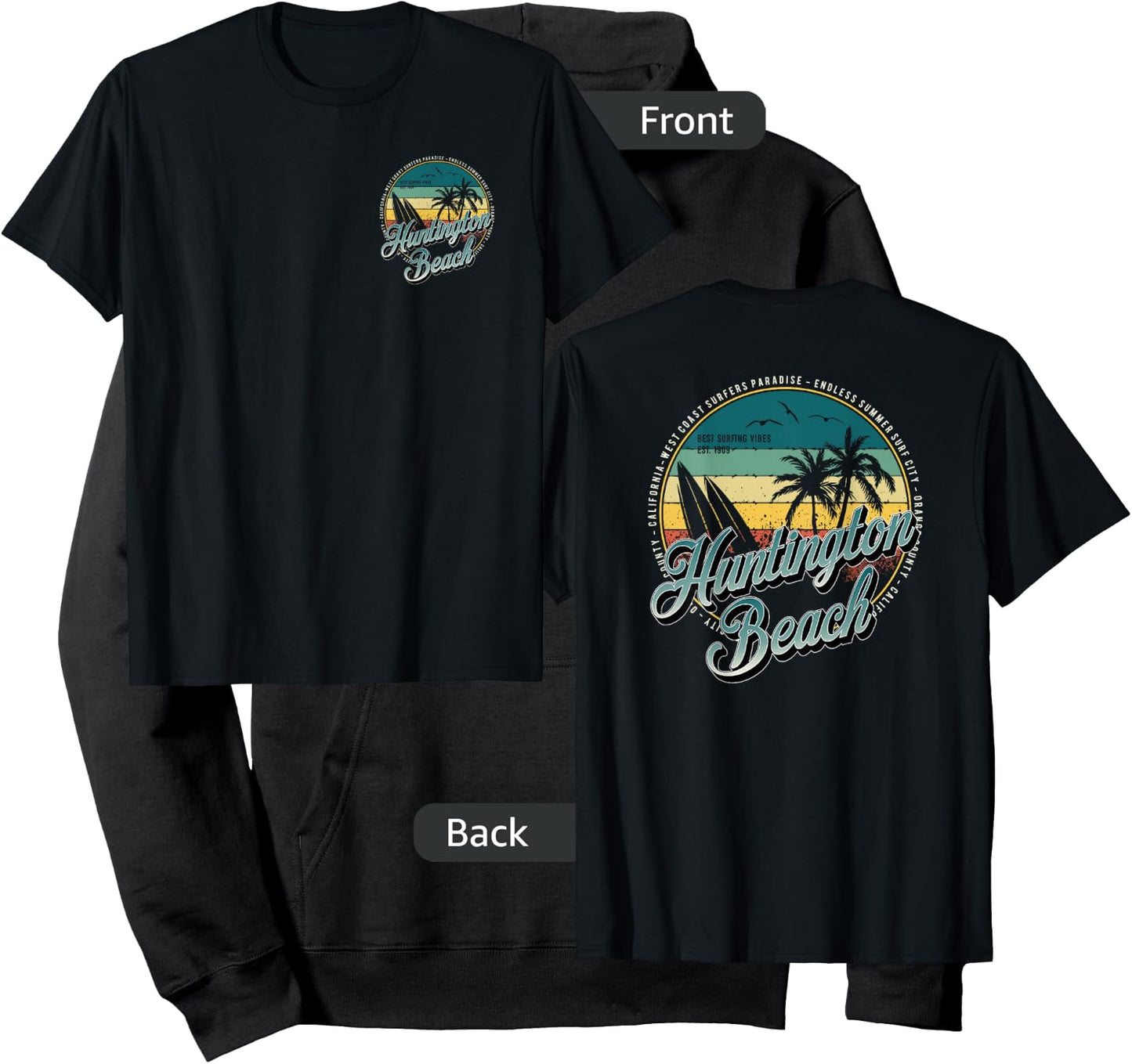 2 Sided Huntington Beach Surf City California Vintage Badge Hoodie - Hoodie | Black