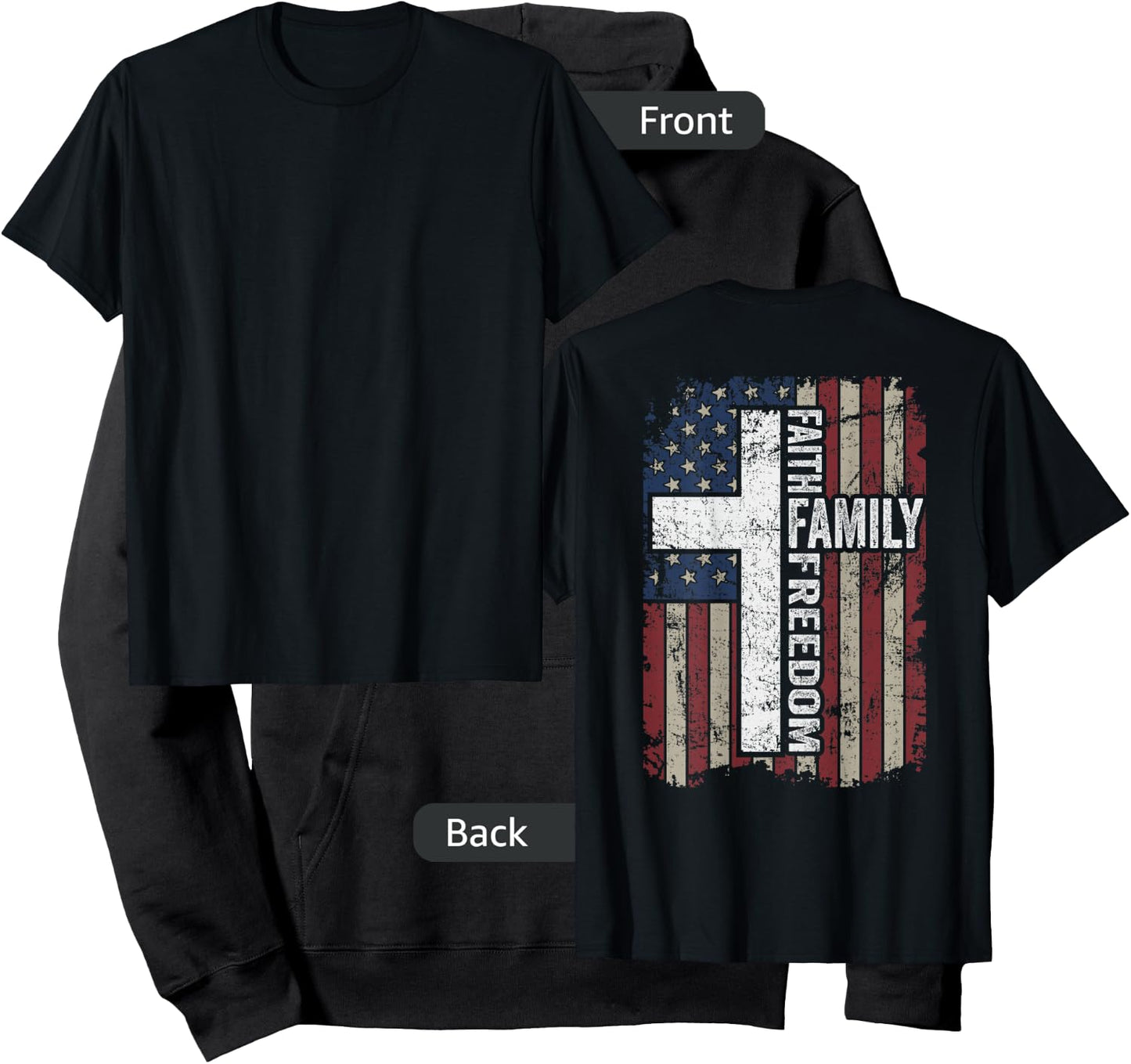 Faith Family Freedom - Christian Vintage USA Flag - ON Back Hoodie - Hoodie | Black