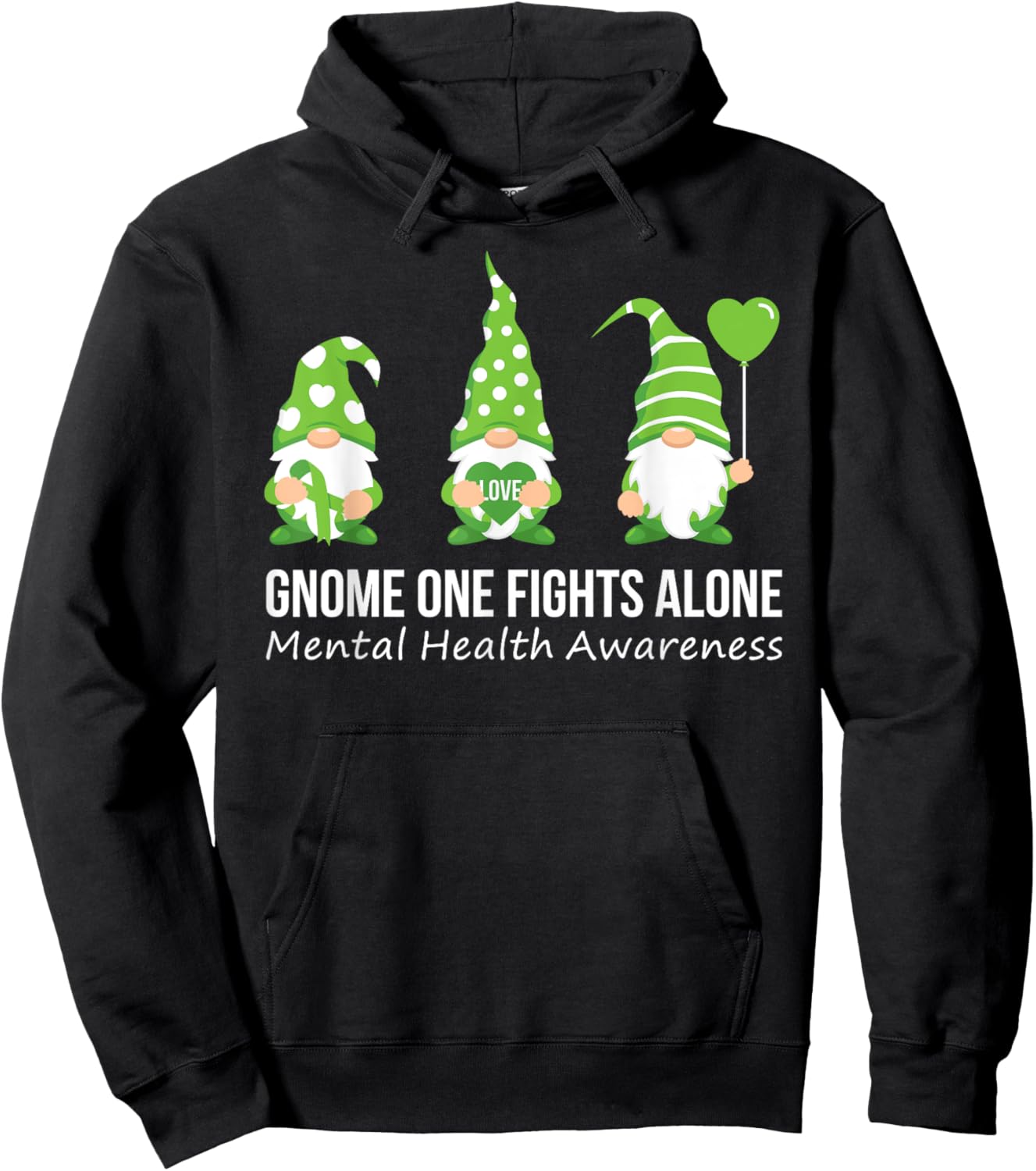 Gnome One Fights Alone Mental Health Awareness Green Ribbon Hoodie - Hoodie | Black