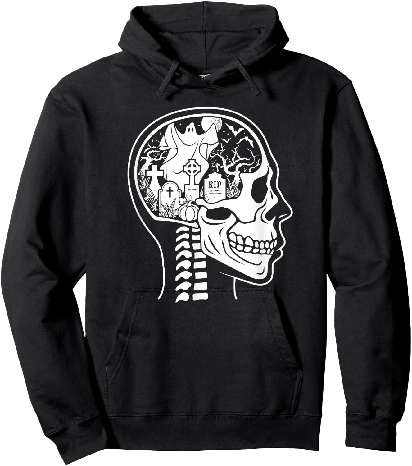 Thinking About Halloween All The Time Ghost Graveyard Skull Hoodie - Hoodie | Black
