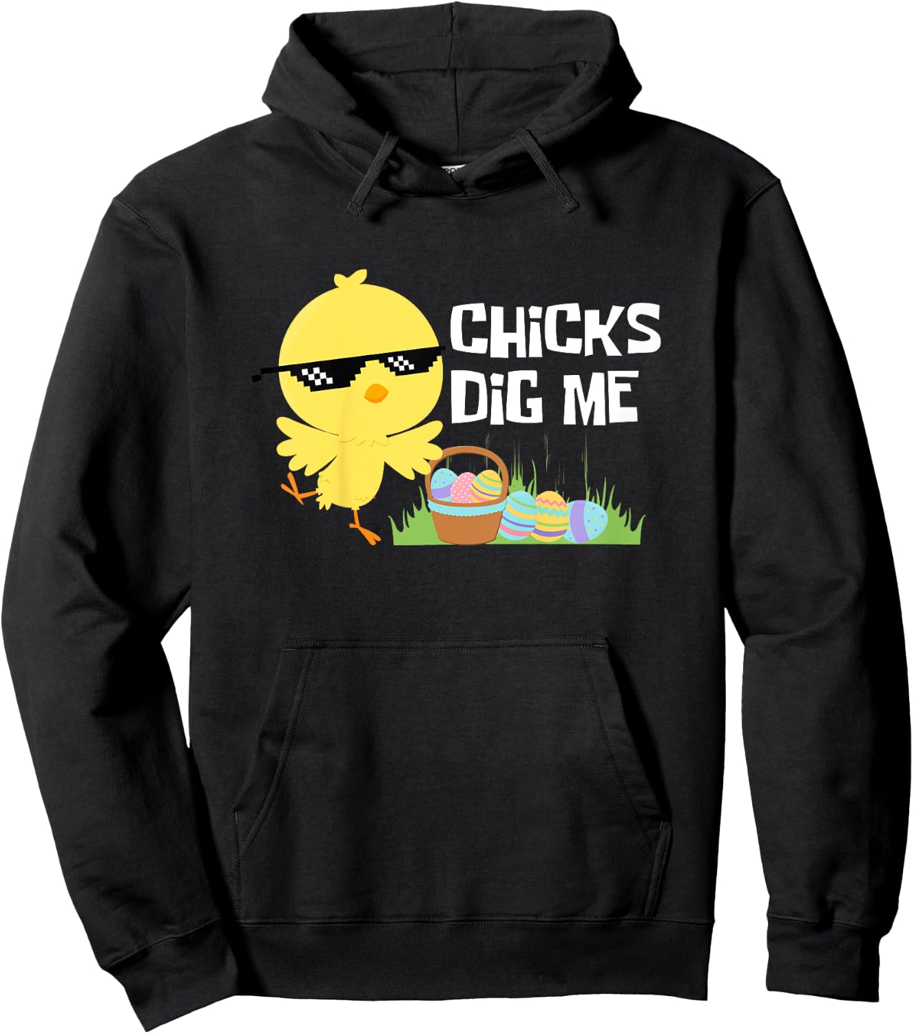 Kids CHICKS DIG ME Funny Easter Joke Egg Basket Cute Toddler Boys Hoodie - Hoodie | Black