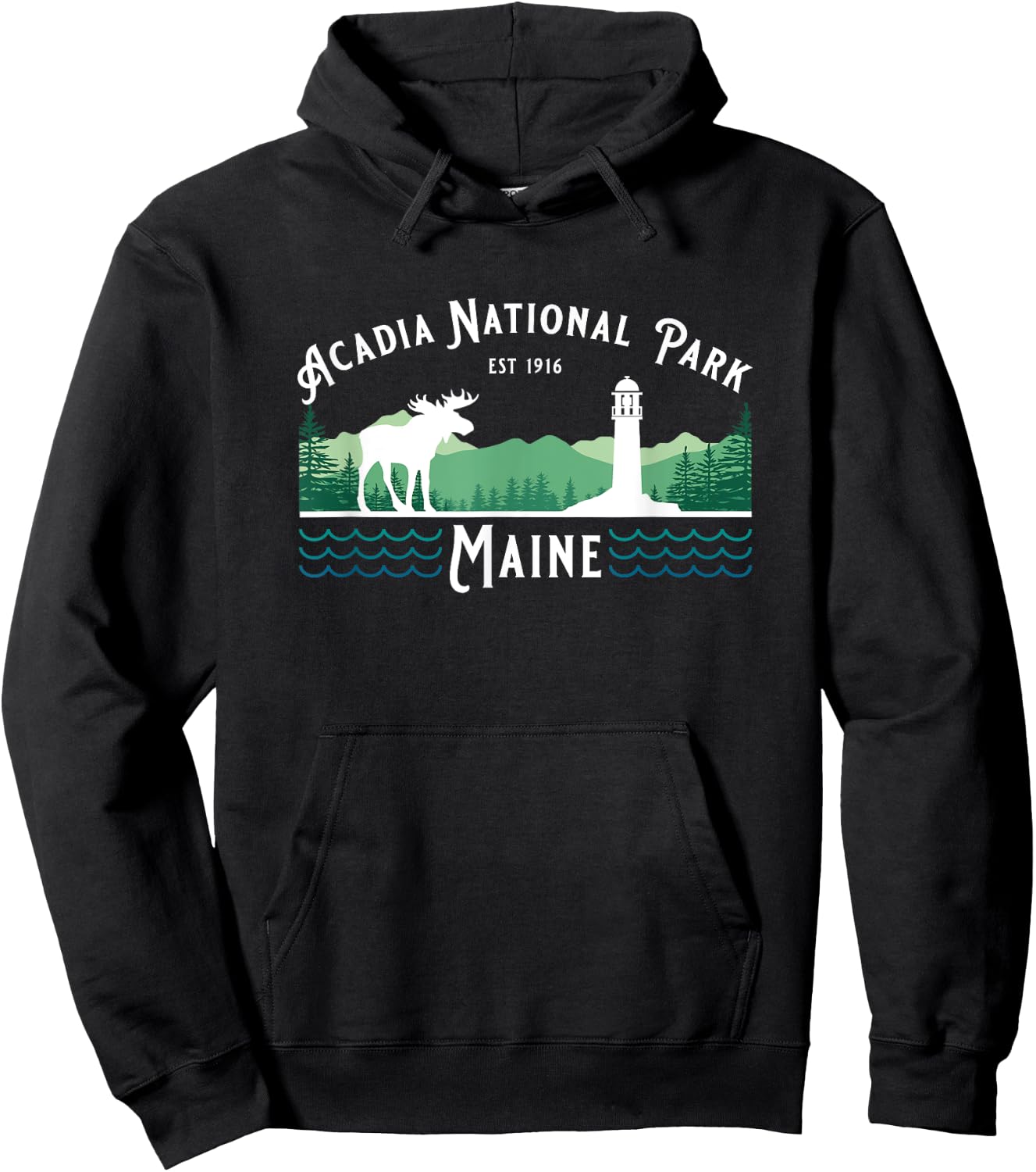 Acadia National Park Maine USA Lighthouse Moose Fishing Hoodie - Hoodie | Black
