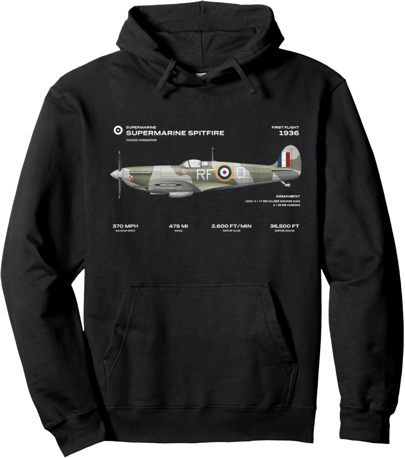 Supermarine Spitfire WWII Aeroplane British RAF Hoodie - Hoodie | Black