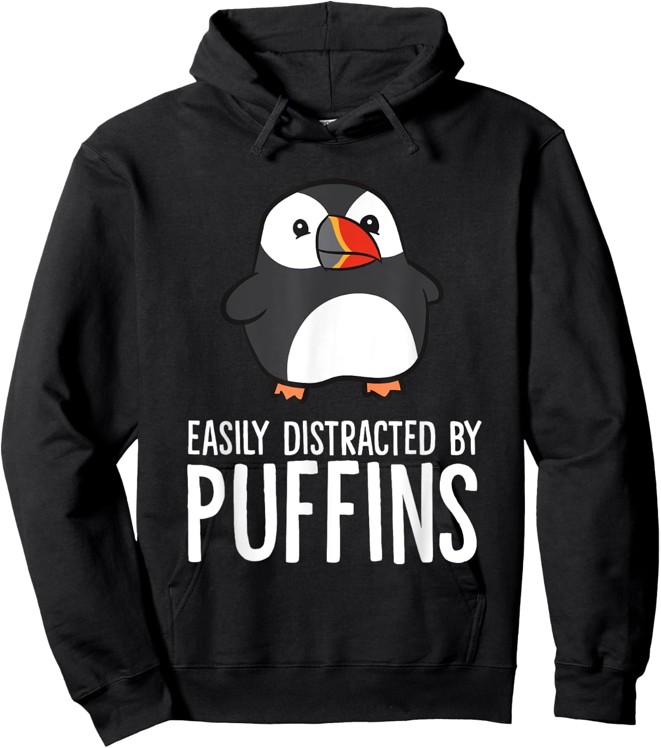 Funny Puffin Bird Gifts Easily Distracted By Puffin Sea Birds Cute Puffin Lover Gift -Adults-Kids Black Short Sleeve Classic Fit Pull On Collarless Casual All Seasons 1 Count Hoodie - Hoodie | Black