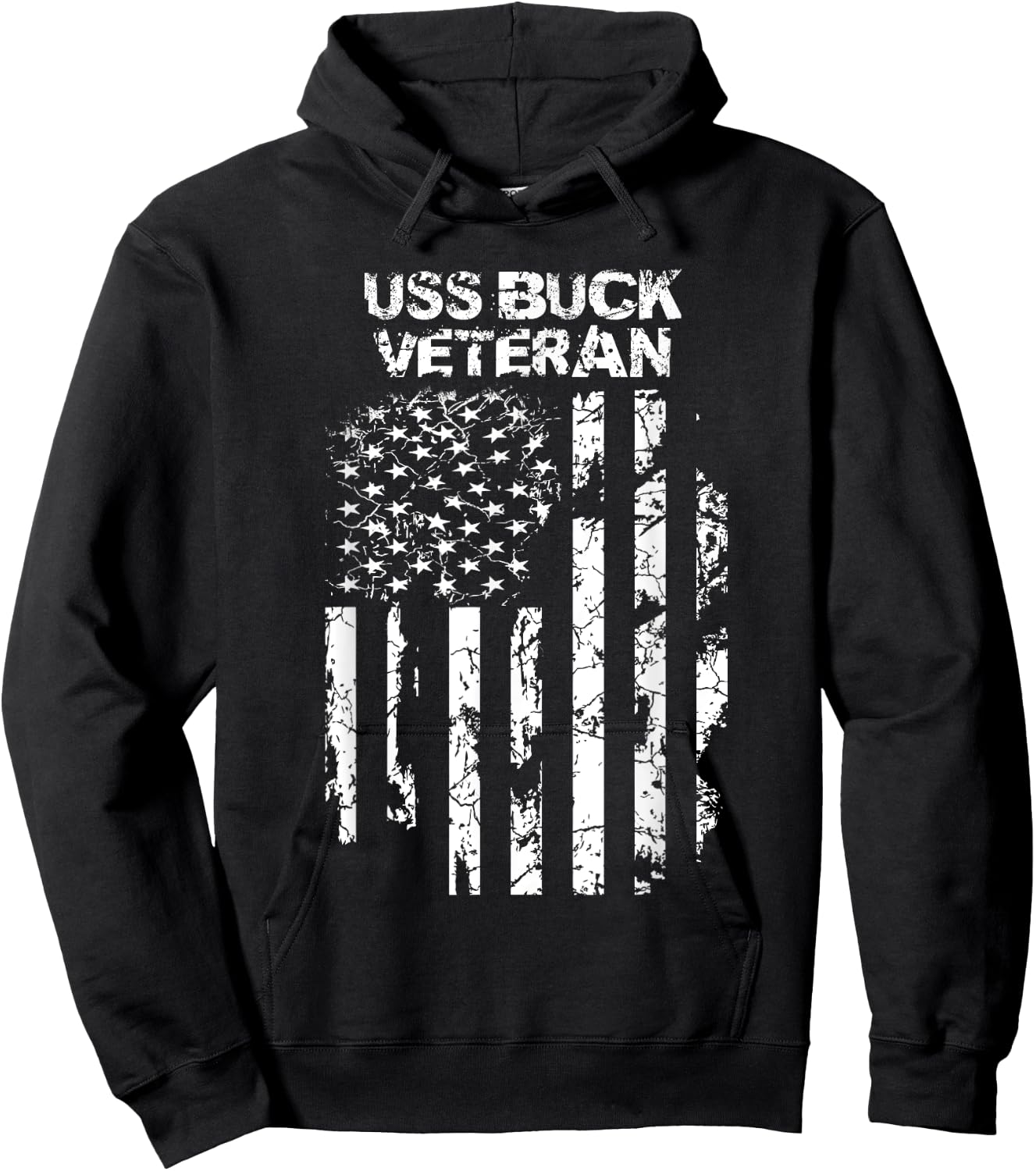 USS Buck Military Veteran Distressed USA Flag Hoodie - Hoodie | Black