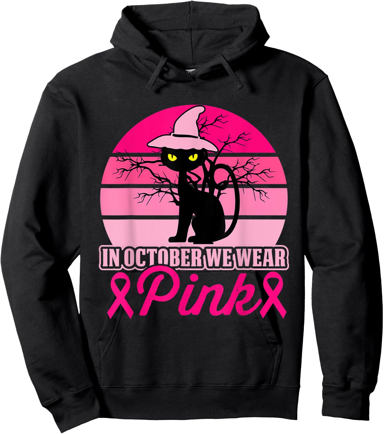 In October We Wear Pink Cat Breast Cancer Halloween Hoodie - Hoodie | Black