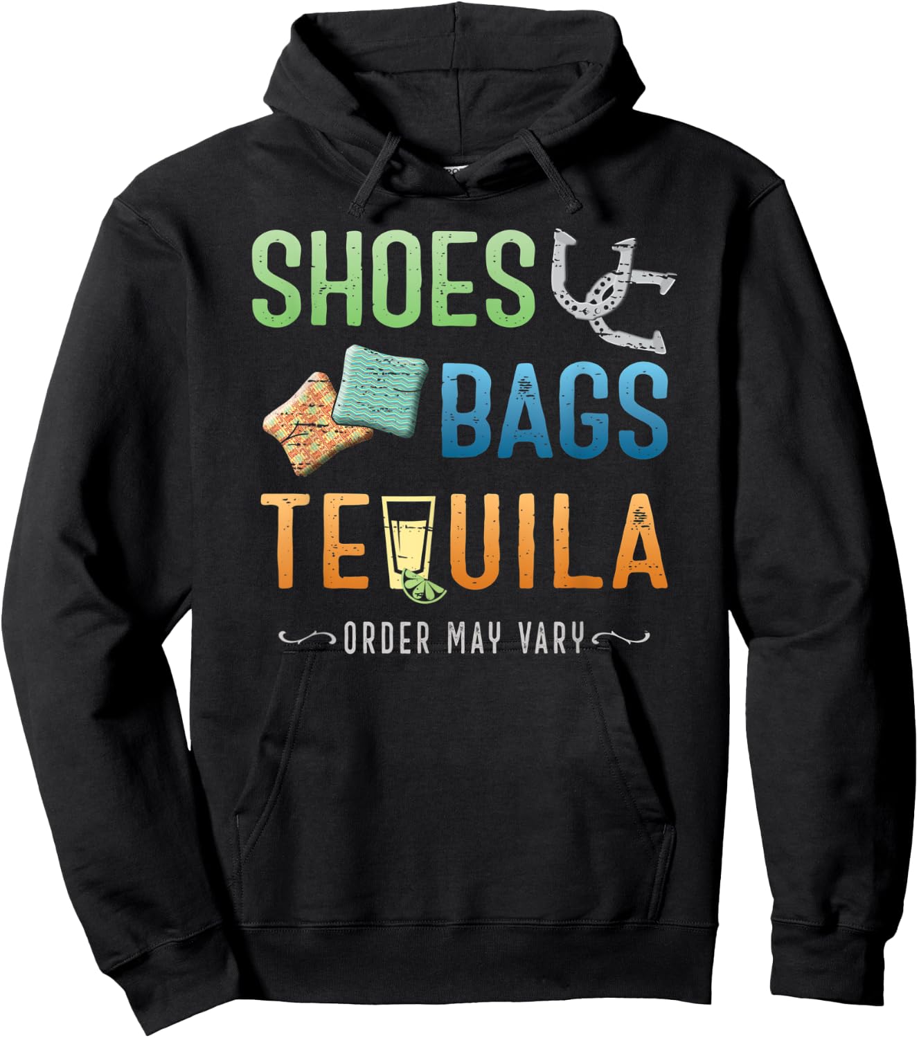 Playing Horseshoes, Tossing Cornhole Bags & Tequila Hoodie - Hoodie | Black