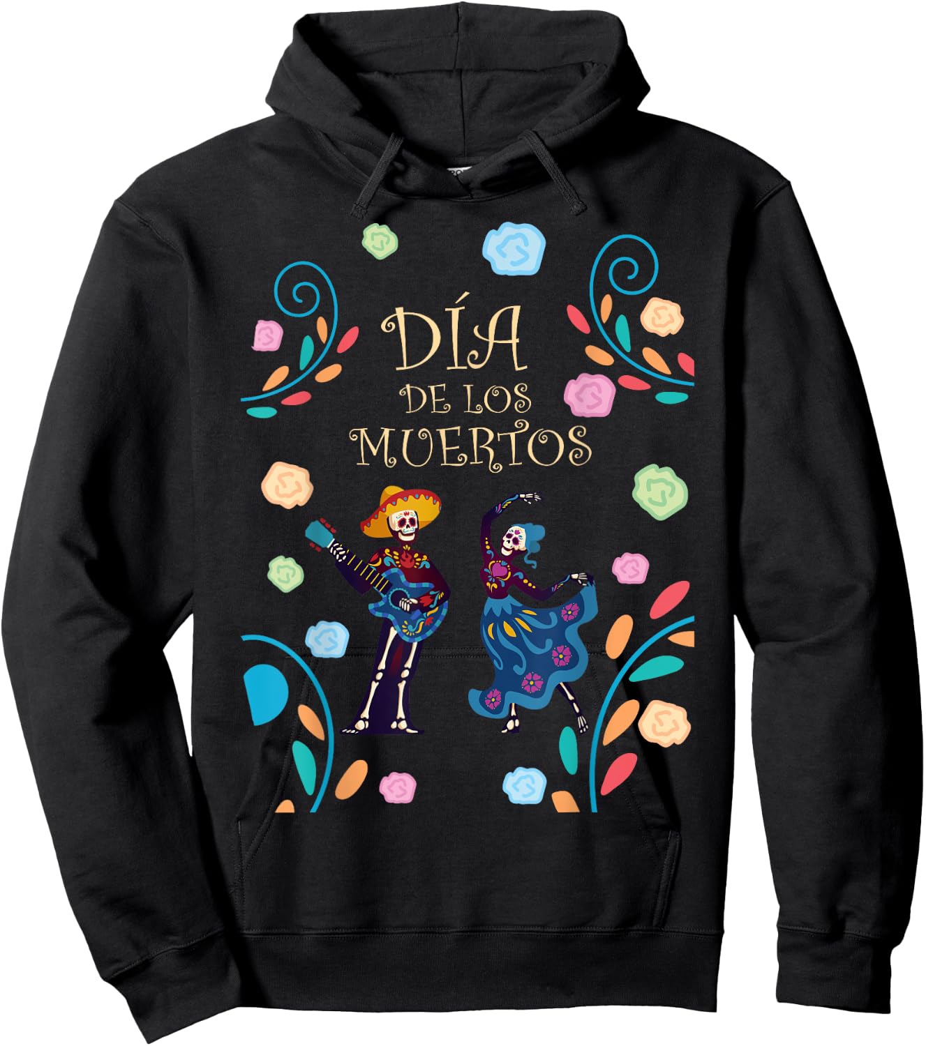 Dancing Skeleton Guitar Dia De Los Muertos Calavera Day Dead Hoodie - Hoodie | Black