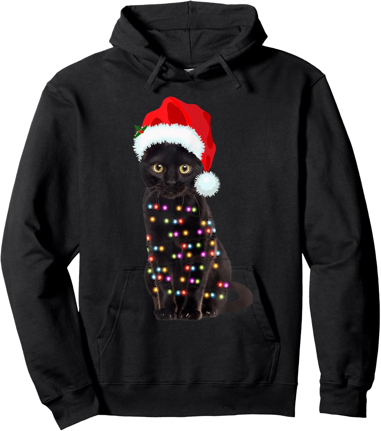 Black Cat Christmas lights Cat Lover Christmas Hoodie - Hoodie | Black