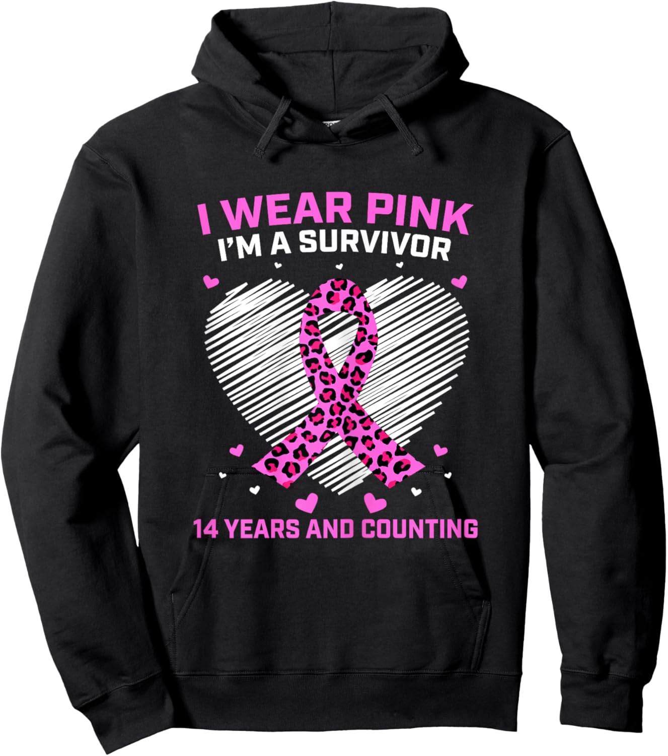 14 Years Breast Cancer Survivor Pink Cheetah Print Awareness Hoodie - Hoodie | Black