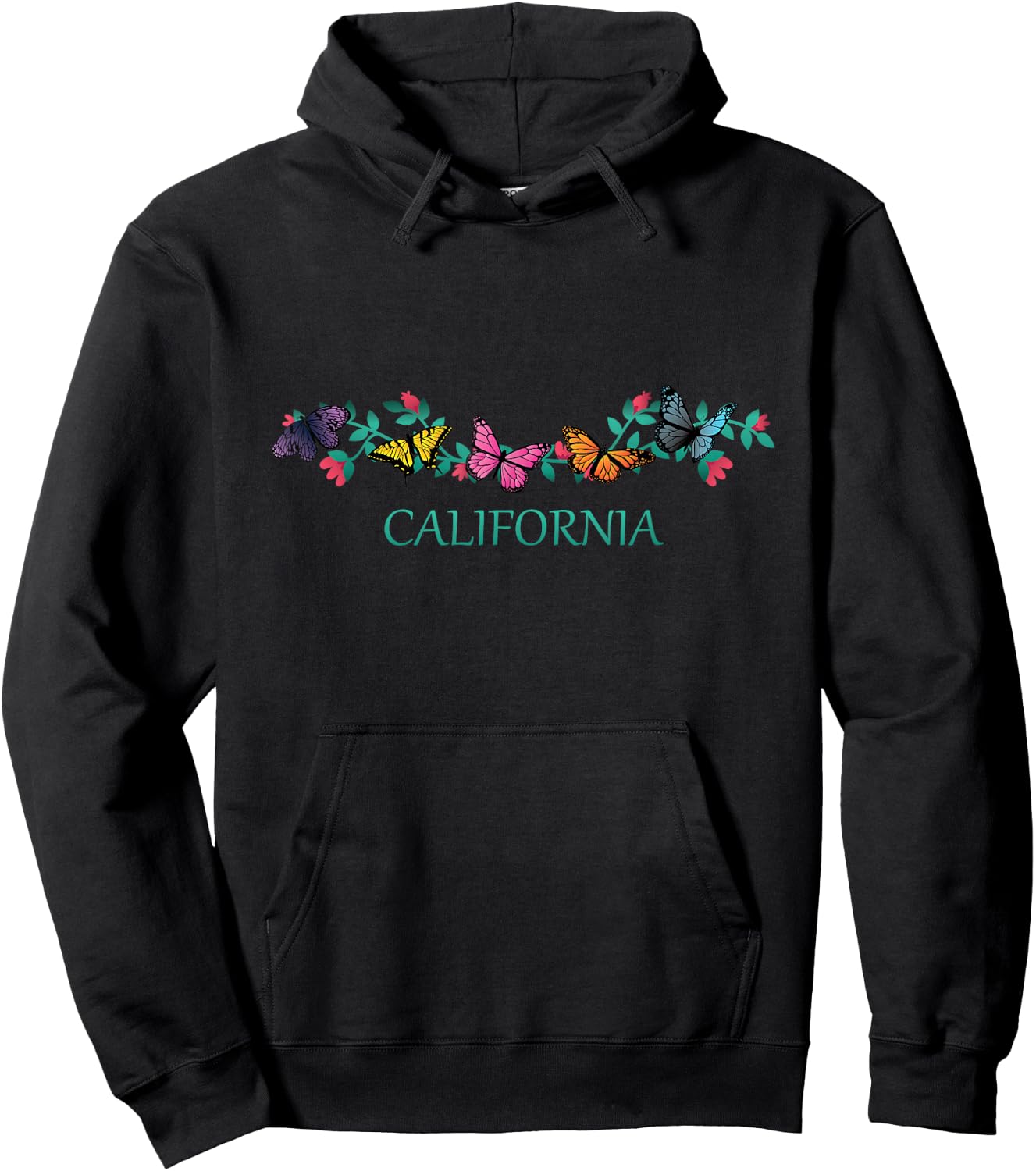 California State Souvenir Butterfly Flower Graphic Hoodie - Hoodie | Black