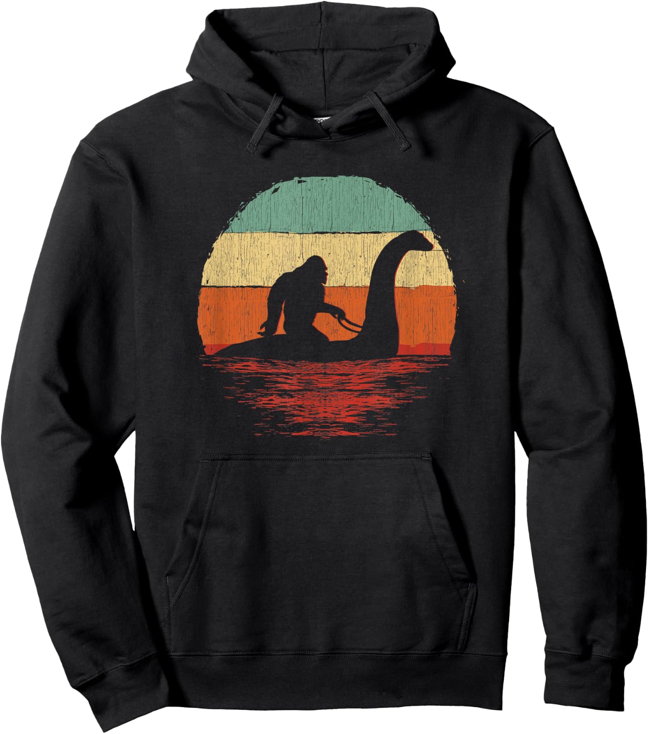 Vintage Funny Bigfoot Riding The Loch Ness Monster Hoodie - Hoodie | Black