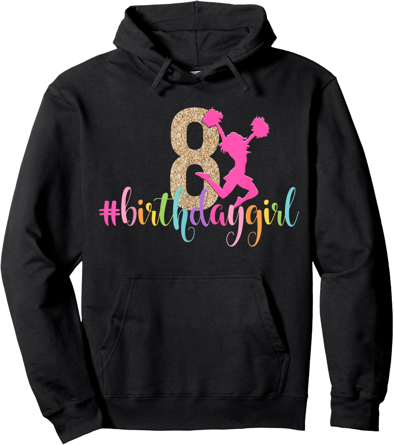 8th Birthday Girl Cheerleader Rainbow Cheerleading Hoodie - Hoodie | Black
