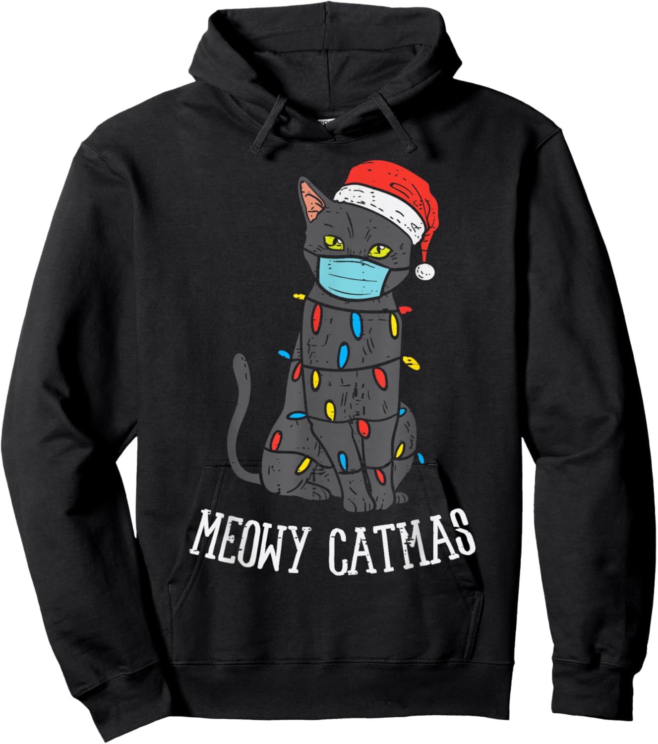 Santa Black Cat Mask Meowy Catmas Christmas Quarantine Gift Hoodie - Hoodie | Black