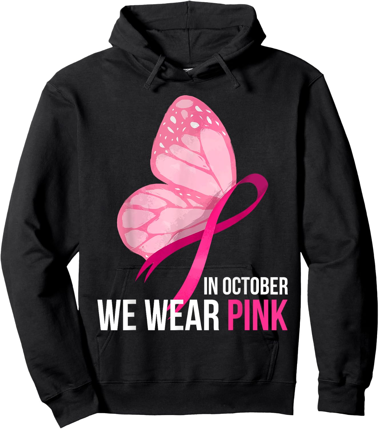 In October We Wear Pink Butterfly Breast Cancer Awareness Hoodie - Hoodie | Black