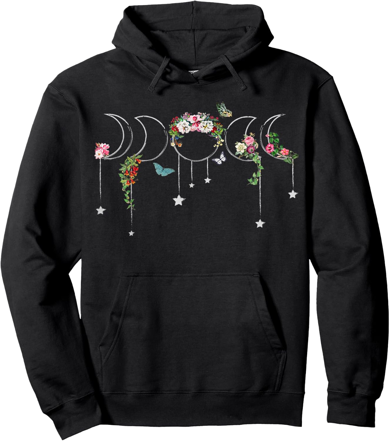 Witchcore Aesthetic Floral Moonphase and Butterflies Hoodie - Hoodie | Black