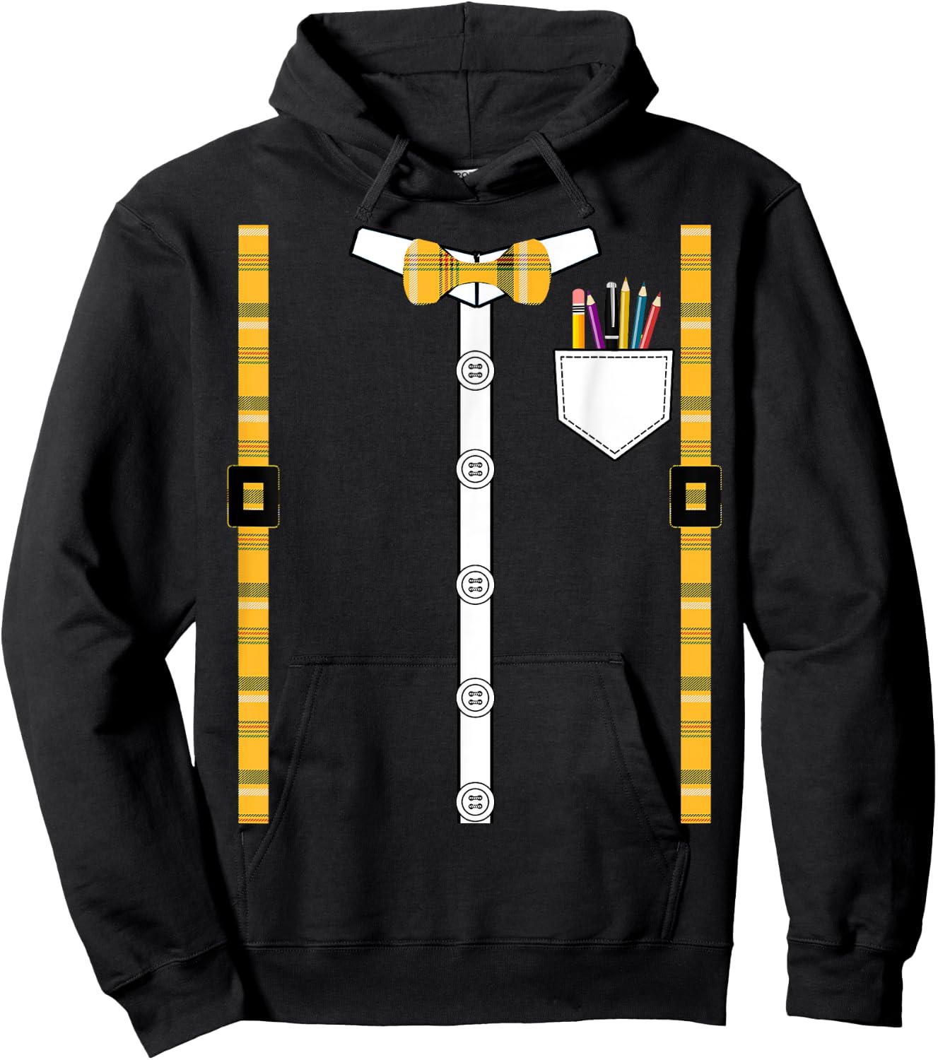 Printed Plaid Suspenders Bowtie Class Nerd Costume Hoodie - Hoodie | Black