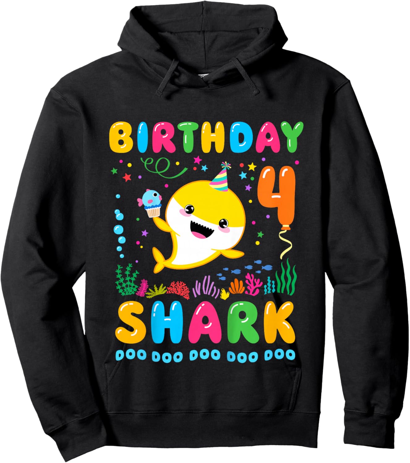 Kids Birthday Shark 4 Year Old Boy or Girl 4th Bday Kawaii Hoodie - Hoodie | Black