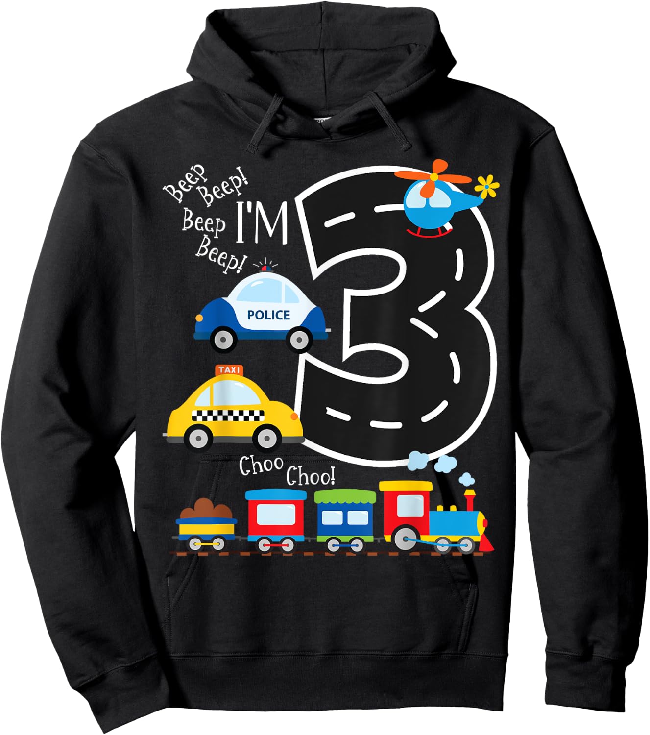 Kids Trucks Train 3rd Birthday Party Toddler 3 Year Old Bday Hoodie - Hoodie | Black