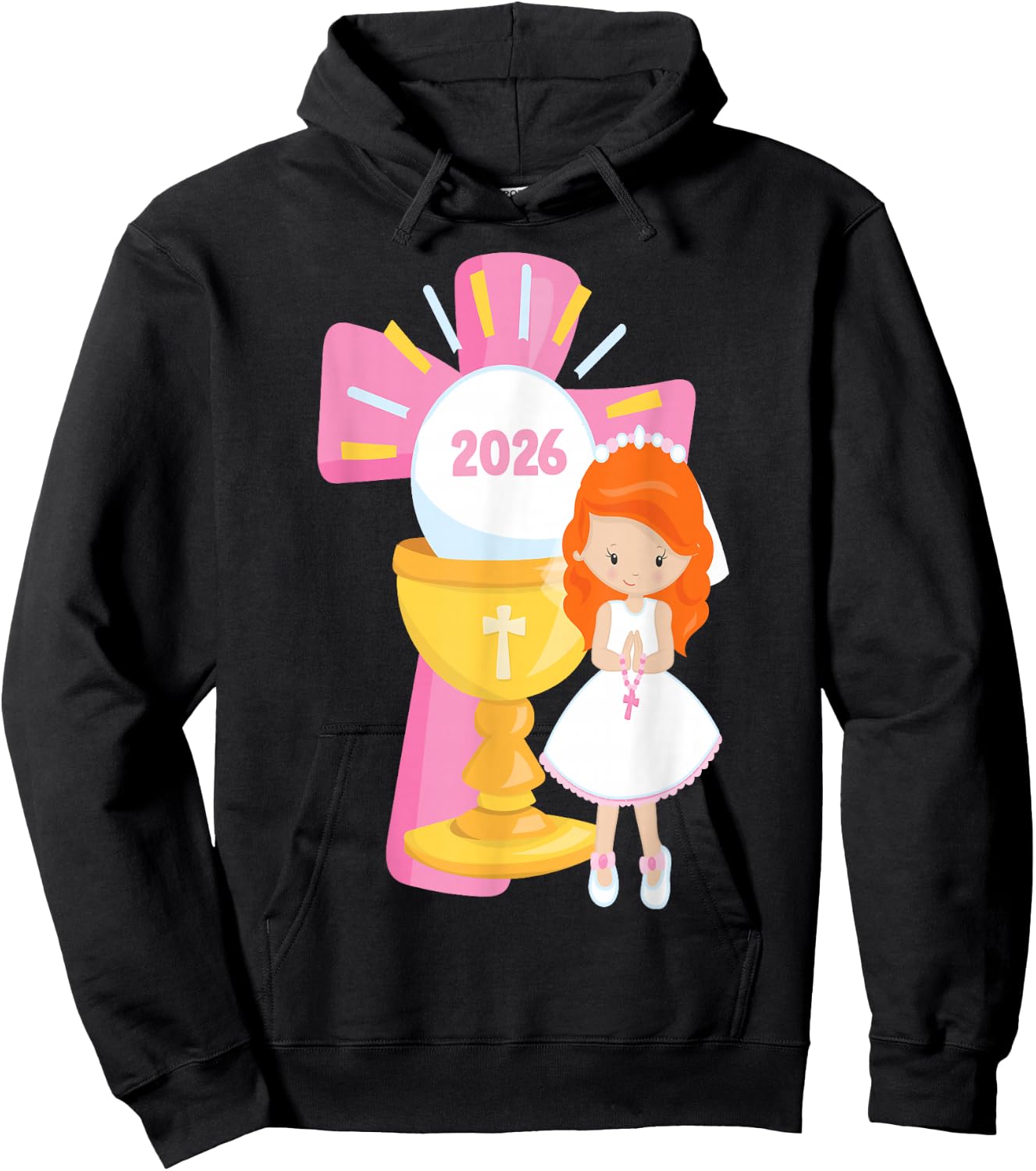 Redhead Girl First Communion 2026 Pink Cross Chalice Rosary Hoodie - Hoodie | Black