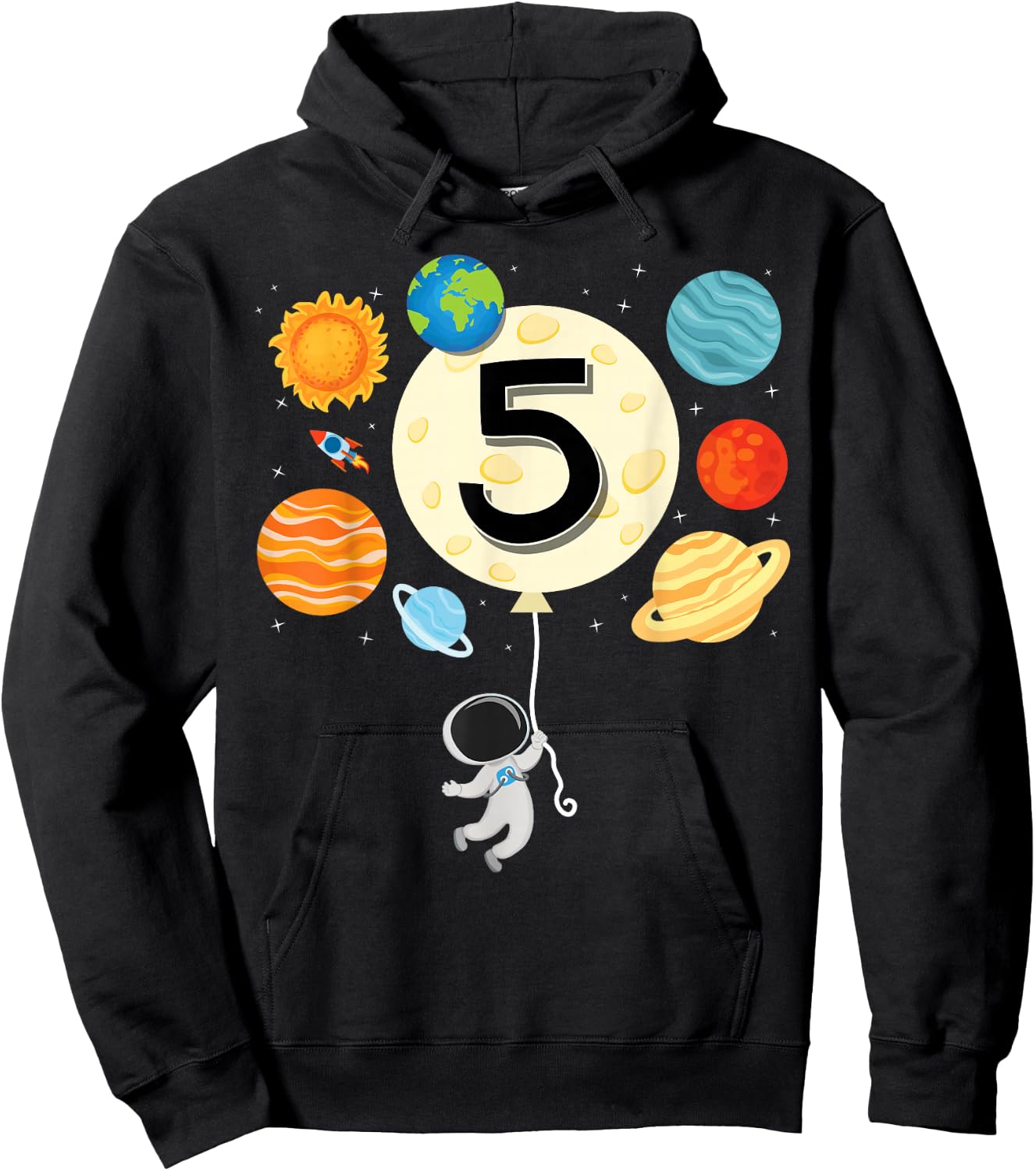 Astronaut Balloon Planets 5th Birthday Space 5 Year Old Kids Hoodie - Hoodie | Black