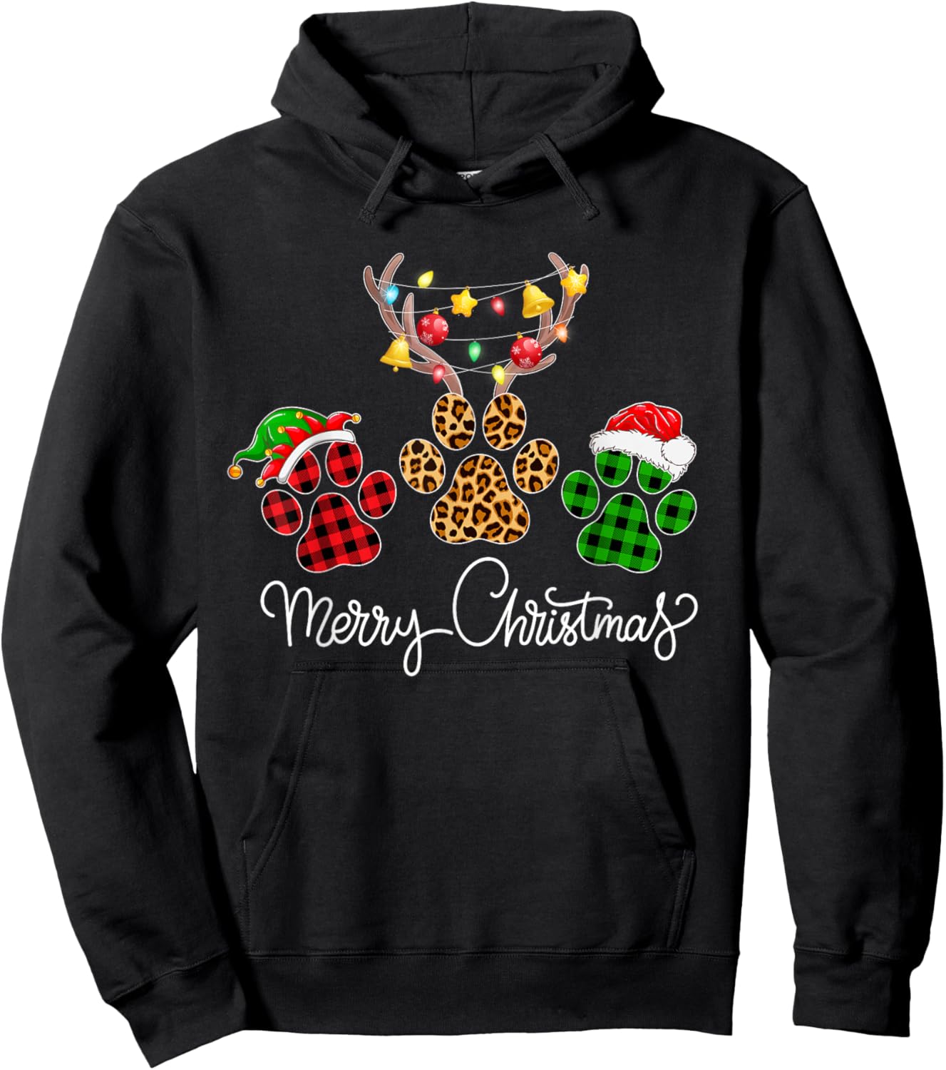 Merry Christmas Dog Paws Lights Buffalo Plaid & Leopard Xmas Men Women Kids Hoodie - Hoodie | Black