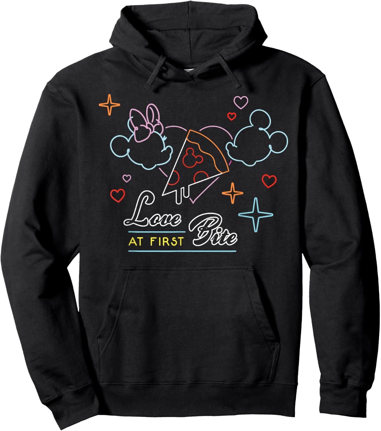Disney Mickey and Minnie Mouse Neon Pizza Love At First Bite Hoodie - Hoodie | Black
