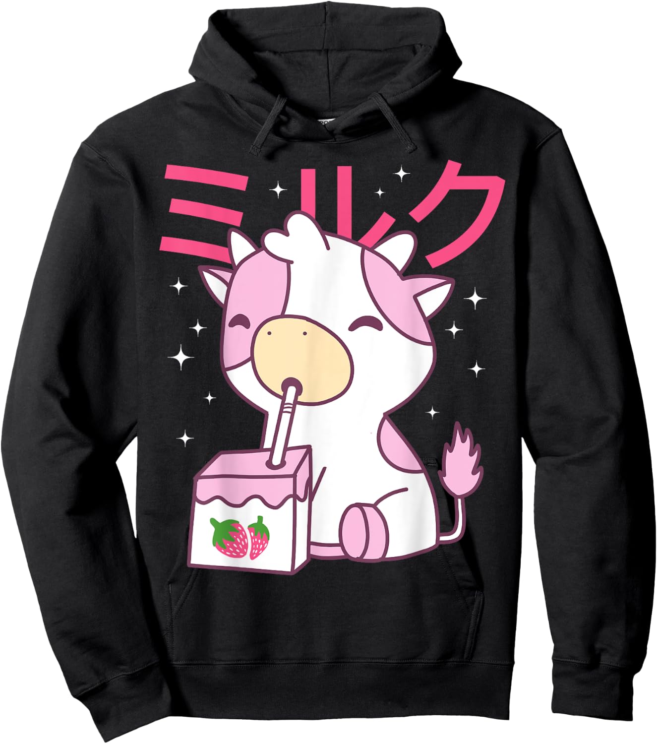 Strawberry Milk Drinking Cute Kawaii Cow Hoodie - Hoodie | Black