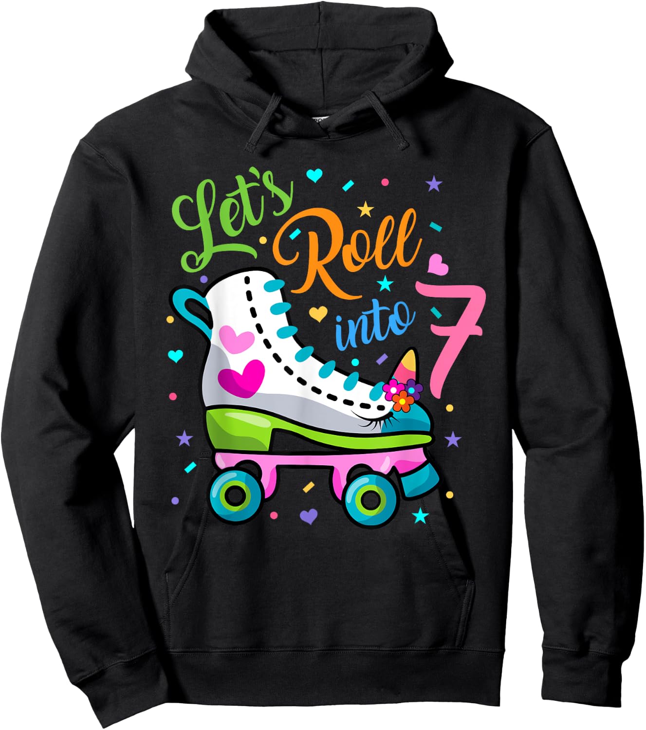 Let's Rolling Into 7 Years Old 7th Birthday Skating Unicorn Hoodie - Hoodie | Black